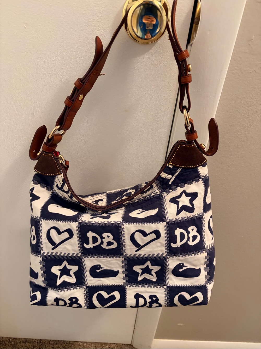 Vintage Dooney & Bourke Y2K Navy Blue Patchwork Canvas Hobo Bag Hearts Stars DB